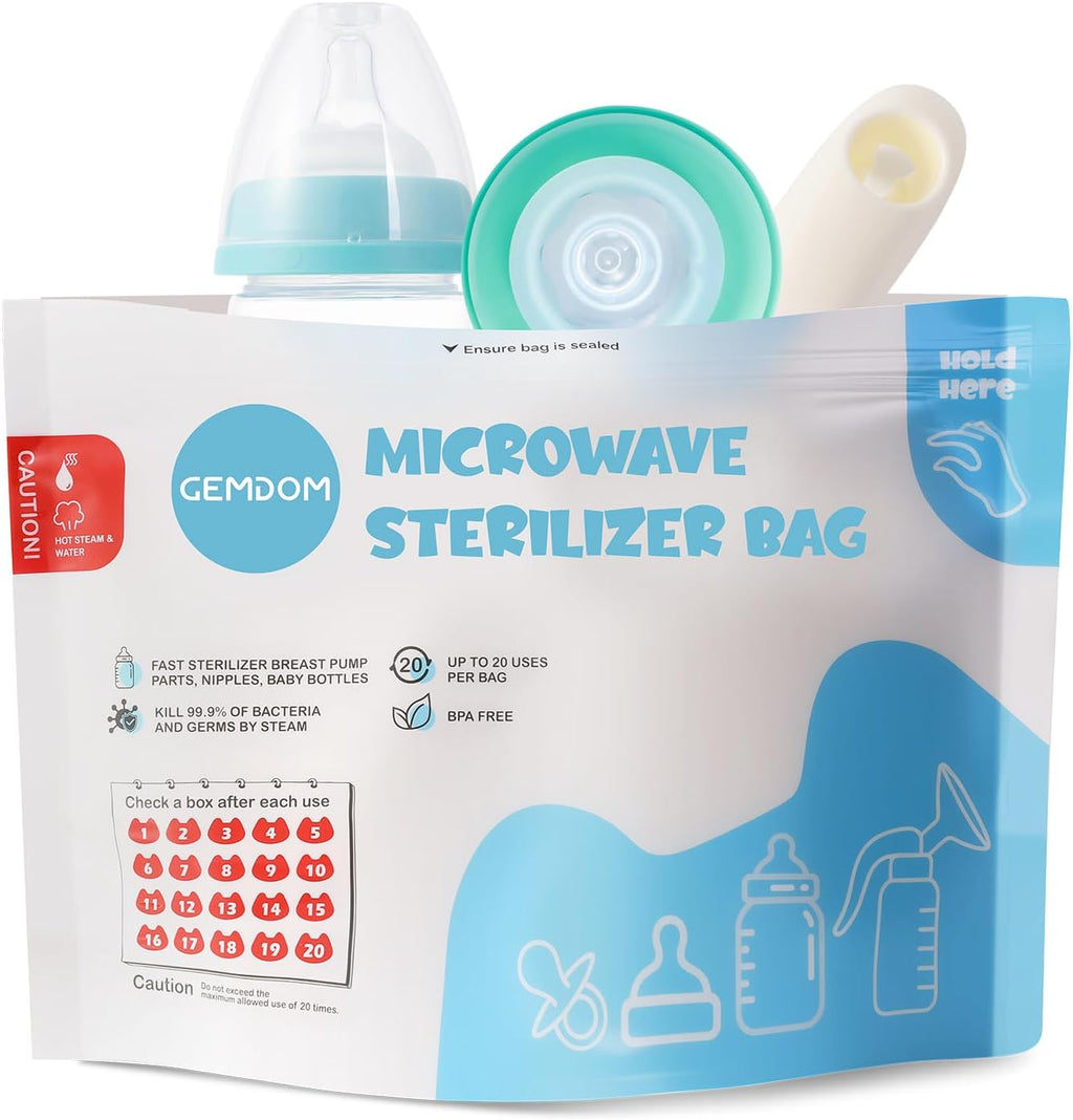 Gemdom microwave steam sterilizer bags front view showing 15 pack packaging.