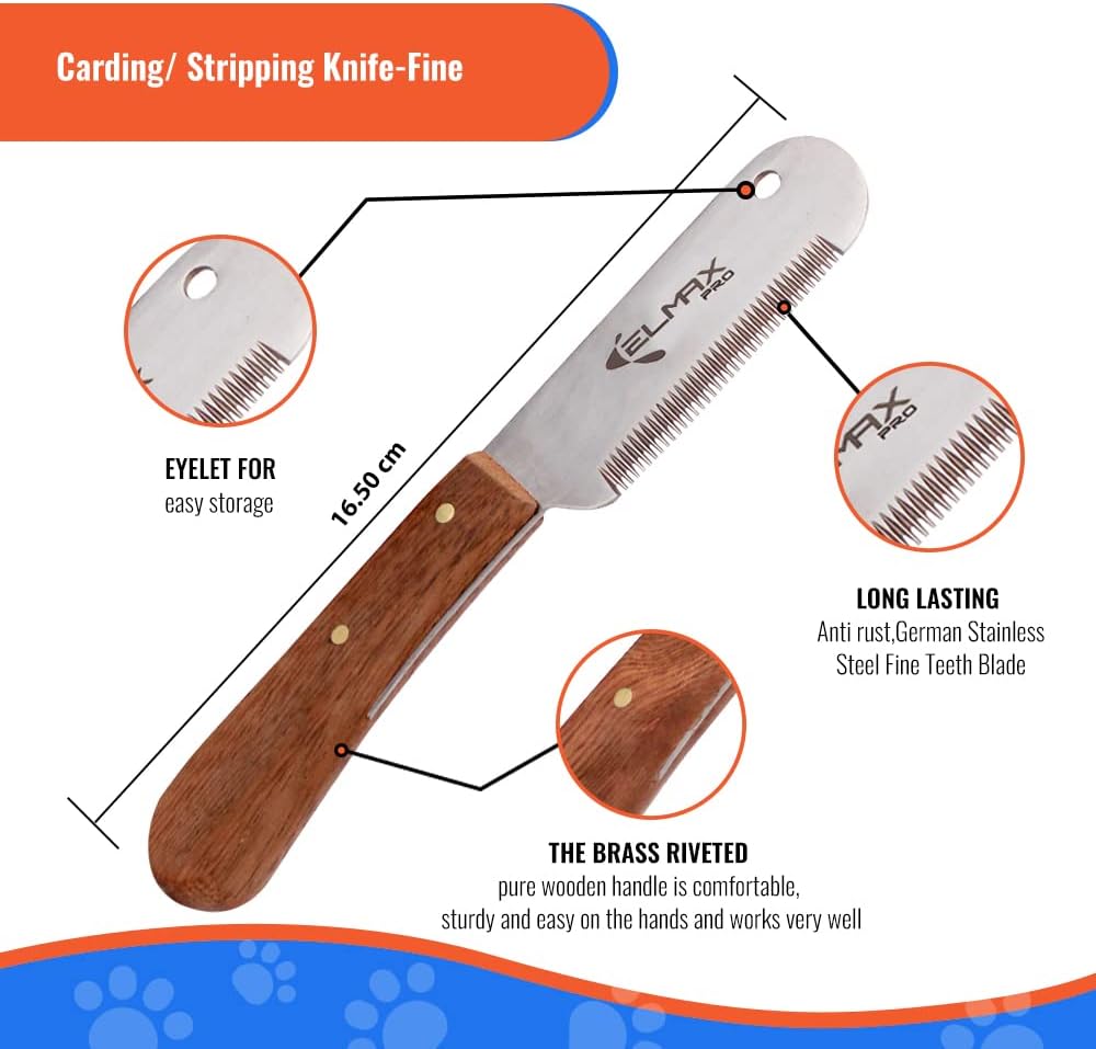 Ergonomic brass riveted rosewood handle of the Elmax Pro dog undercoat stripping knife for comfortable grip