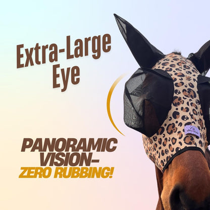 Close up of extra-large mesh eye design on horse fly mask