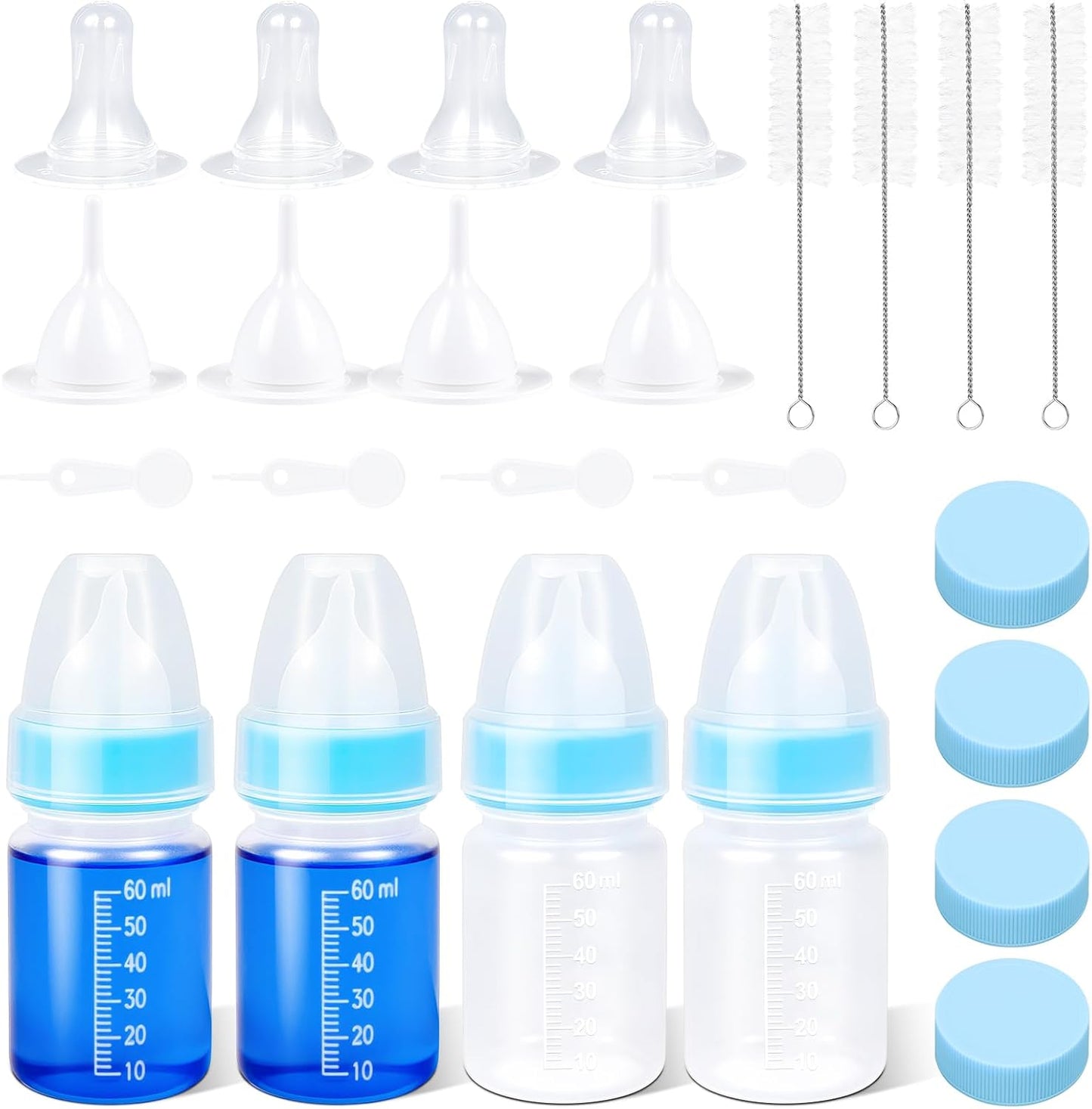 UMETASS puppy kitten nursing bottle kit front view showing four sky blue feeding bottles with silicone nipples