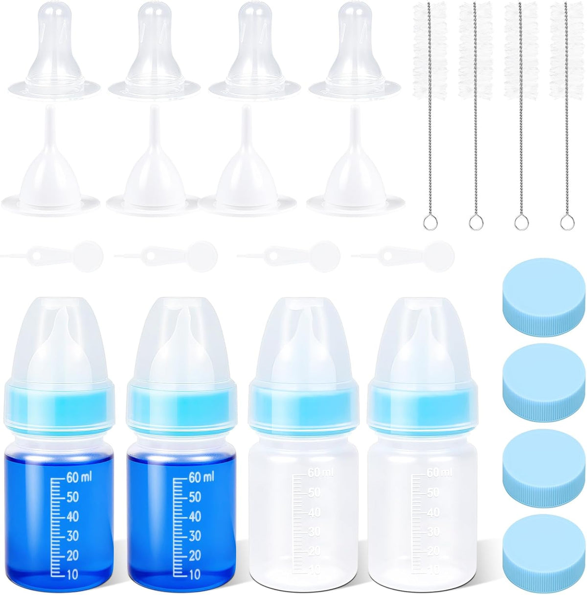 UMETASS puppy kitten nursing bottle kit front view showing four sky blue feeding bottles with silicone nipples