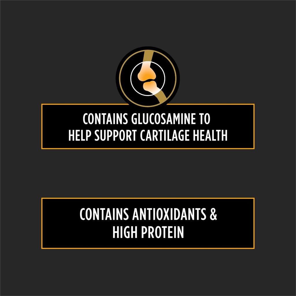 Purina Pro Plan hip and joint support prescription kibble for adult dogs back view showing feeding guide