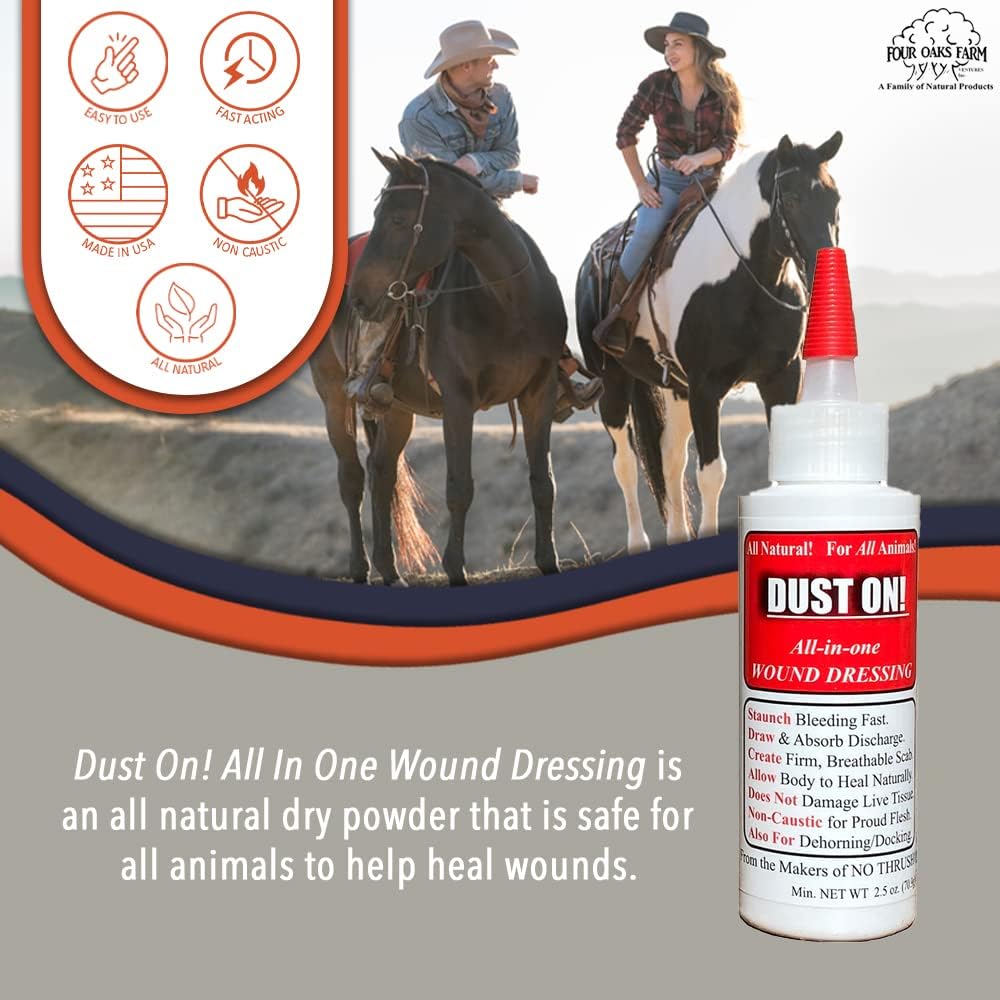 Back of Four Oaks Farm Ventures Dust On bottle with application instructions