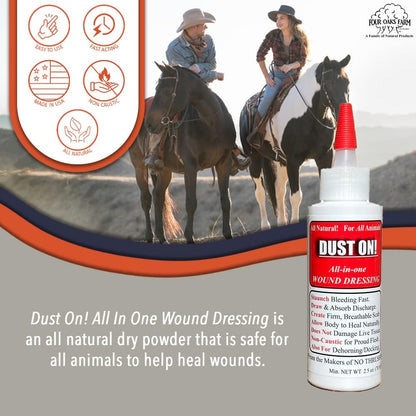 Back of Four Oaks Farm Ventures Dust On bottle with application instructions