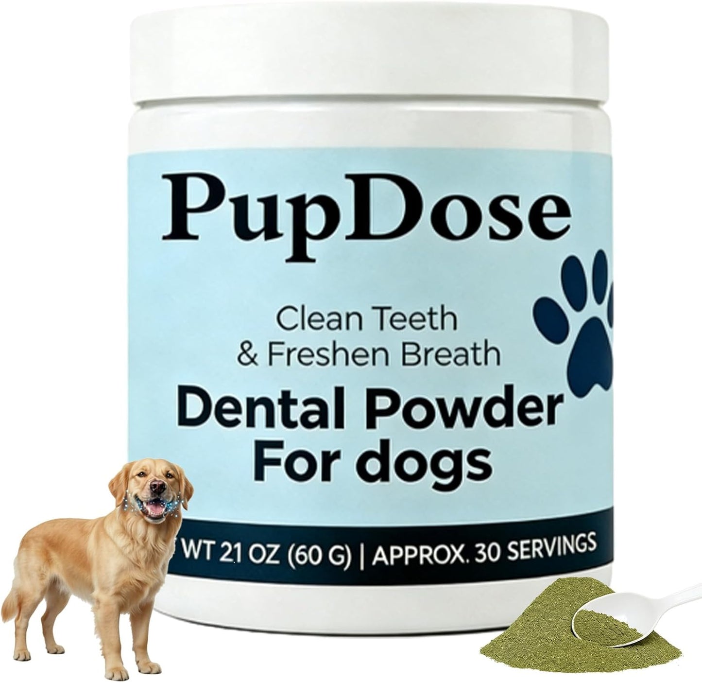 PupDose Dental Powder for Dogs front view bottle packaging