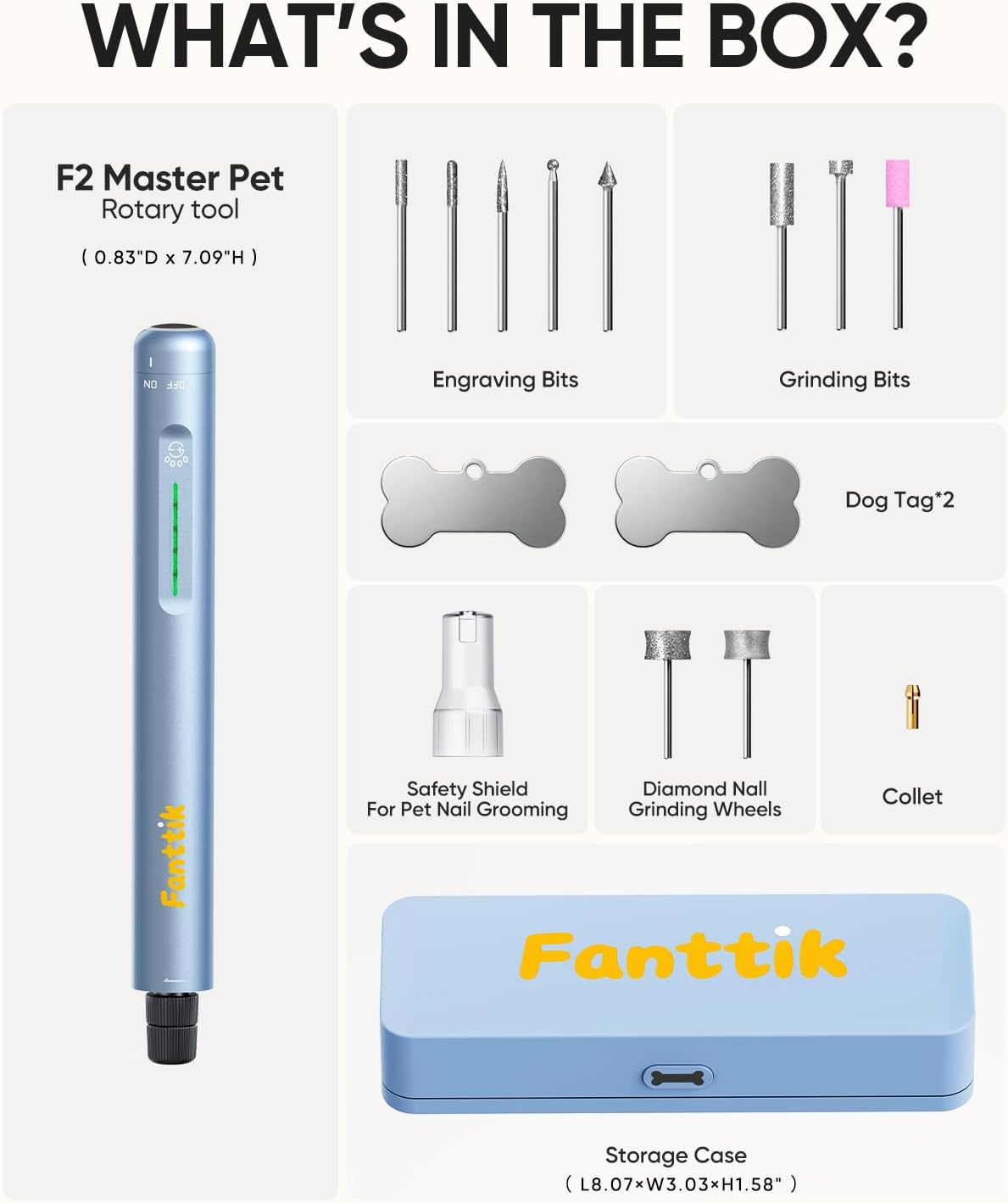 Fanttik F2 Master Pet Quiet Dog Nail Grinder, Safe Electric Rechargeable Pet Nail Trimmer with LED Light, 5-Speed Variable Paws Grooming Tool Kit, DIY Name Tags for Small Medium Dogs & Cats, Blue - Image 9
