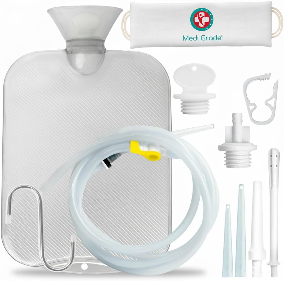 Medi Grade Enema Kit front view showing transparent silicone bag and nozzles.