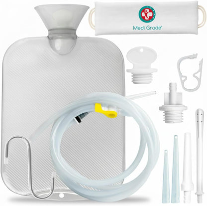 Medi Grade Enema Kit front view showing transparent silicone bag and nozzles.