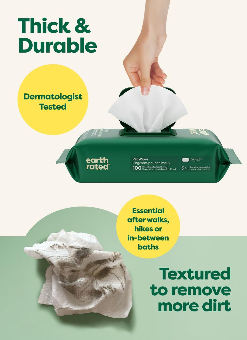 Textured plant-based grooming wipe pulled out from the dispensing pack