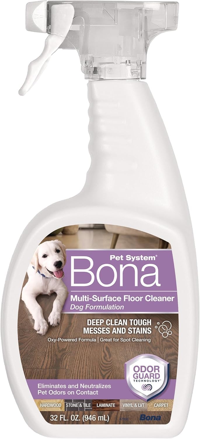 Bona pet cleaner bottle highlighting oxy-powered stain removal features