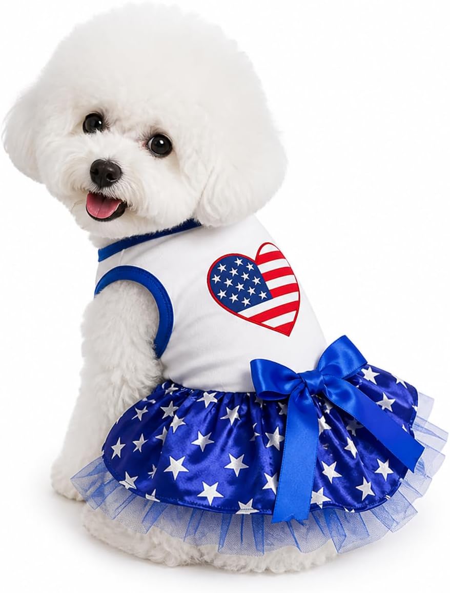 Petitebella patriotic dog dress front view featuring an American flag heart applique.