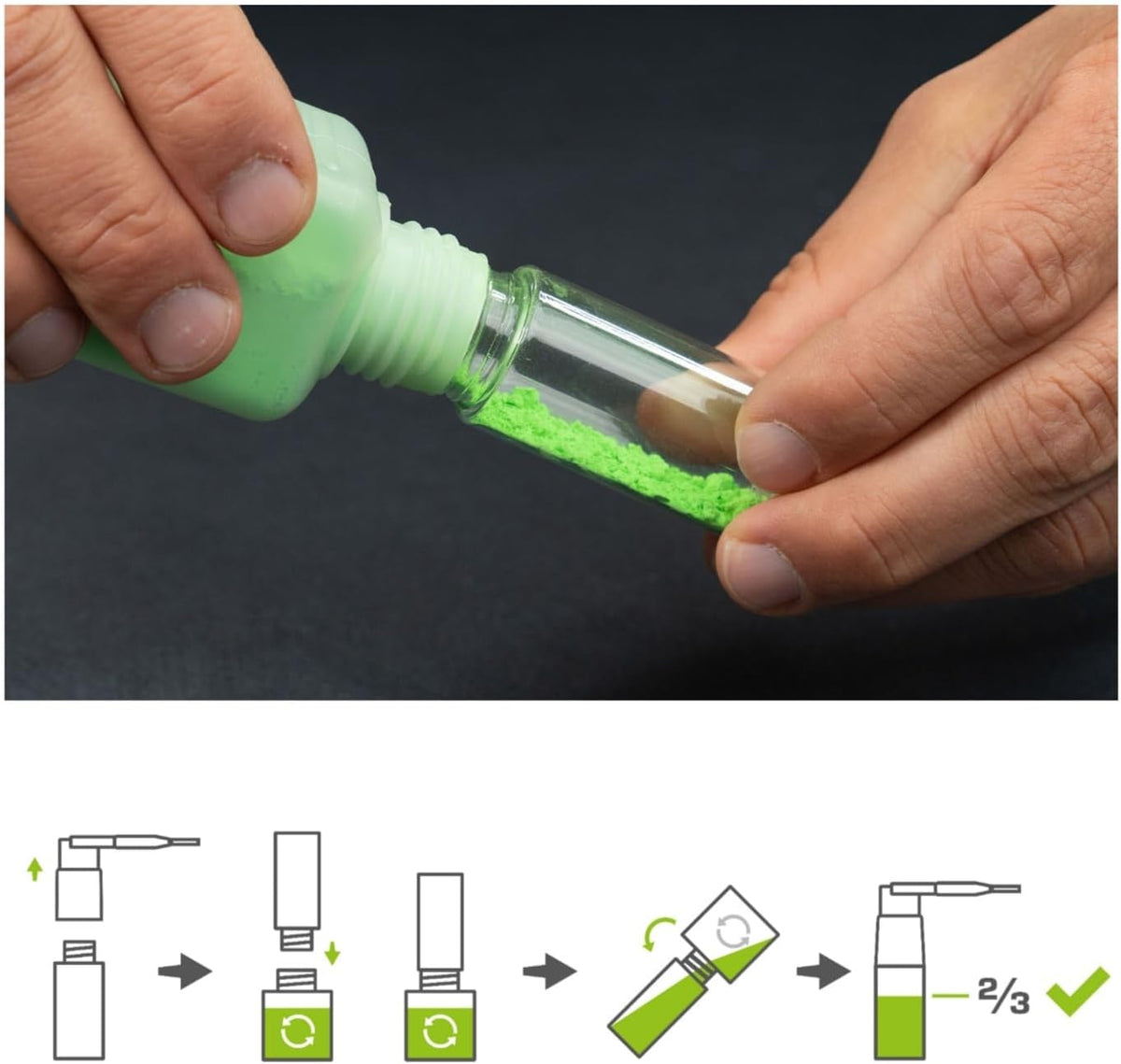Close up look at the fine grained green chalk powder container packaging.