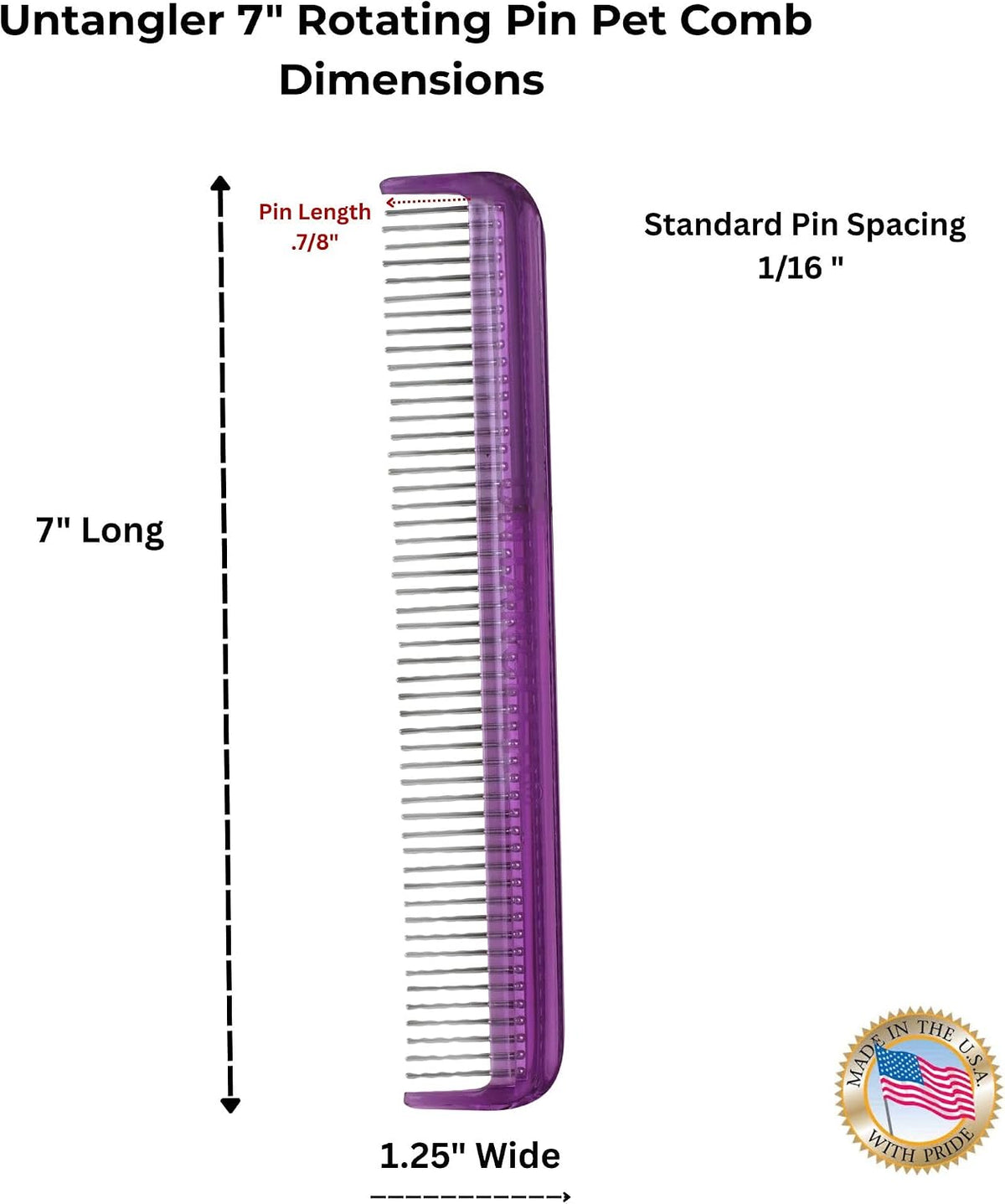 Untangler purple pet grooming comb showing sonic welded pin construction