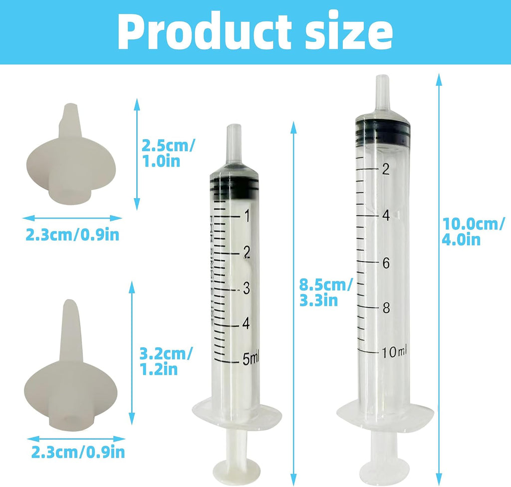 Close up of the five milliliter and ten milliliter small animal feeding syringes showing clear measurement markings.