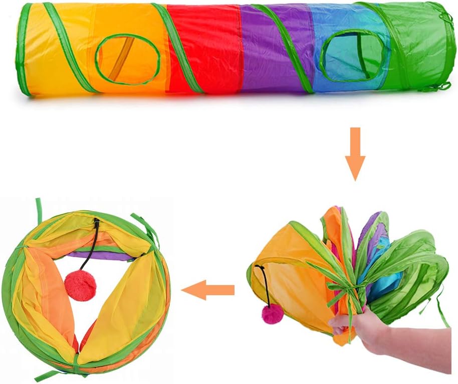 Side view of the 45 inch cat play tunnel with hanging toy ball