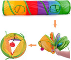 Side view of the 45 inch cat play tunnel with hanging toy ball