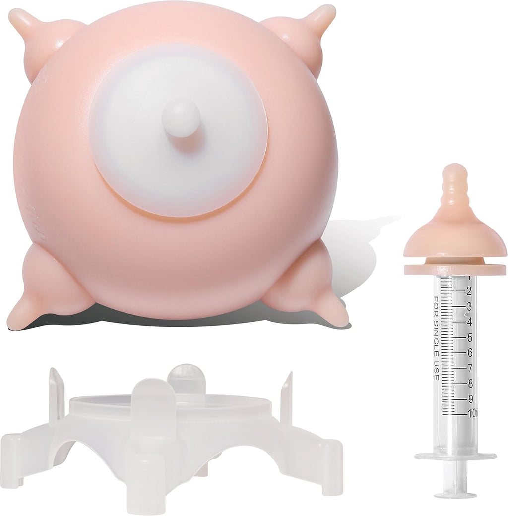 Multi nipple kitten nursery milk dispenser resting on a flat surface.