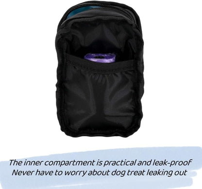 Compact pink dog travel accessory pouch clipped onto a walking belt setup