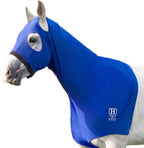 Harrison Howard horse stretch hood without ears front view in royal blue fabric showing eye cutouts.