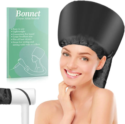 SpiralScgv hooded hair dryer bonnet front view showing black fabric attachment on a model