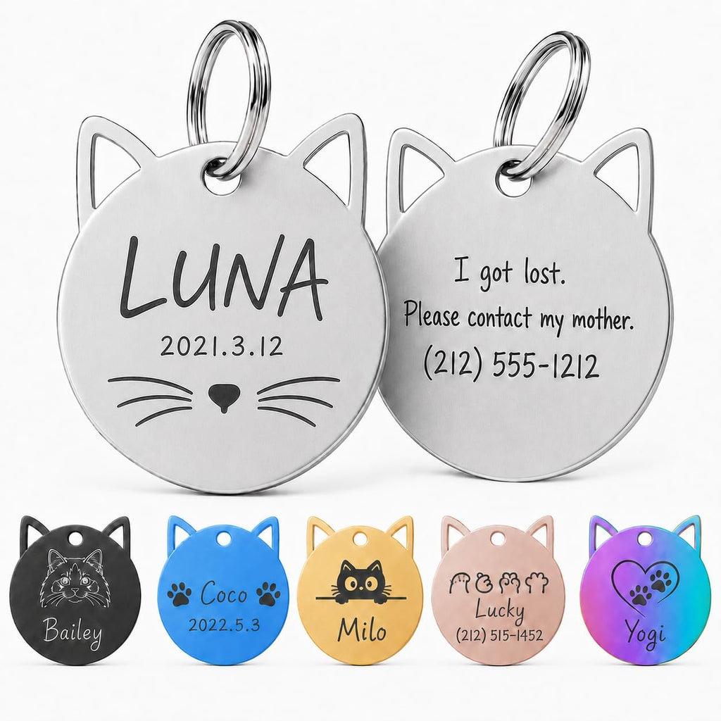 Custom stainless steel cat ear nameplate personalized front view showing engraved pet name.