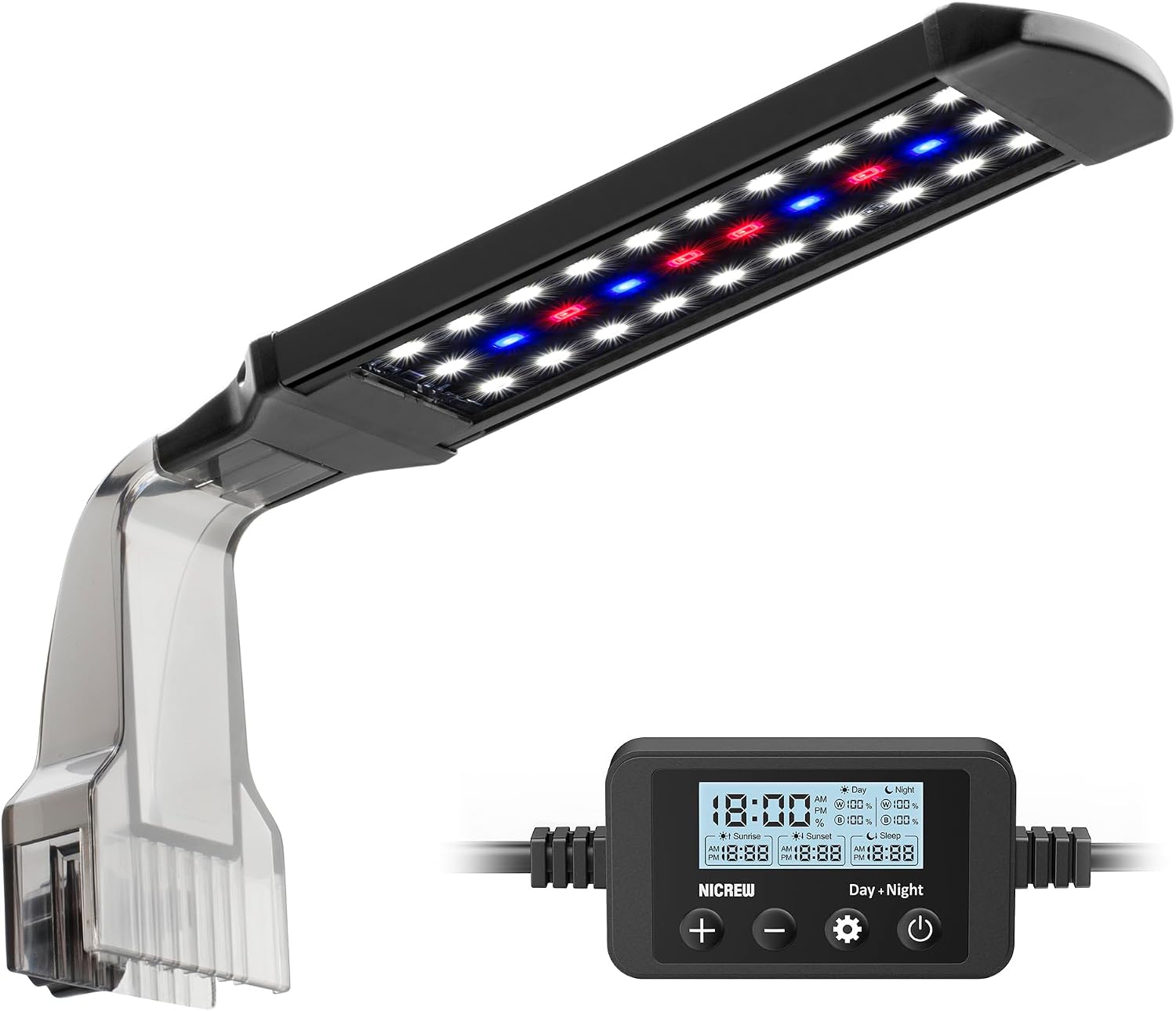 Nicrew clip on aquarium light front view on glass tank