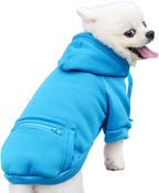 Back view of the blue winter pet coat highlighting the functional zipper pocket design.