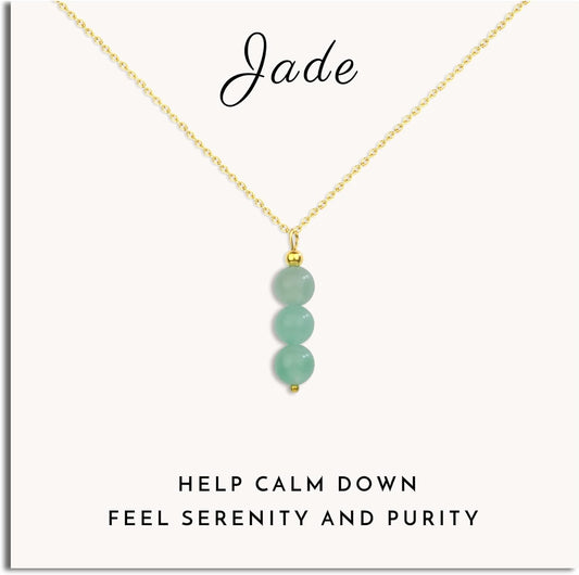 SmileBelle Jade Necklace front view featuring three natural green gemstones on a gold chain.