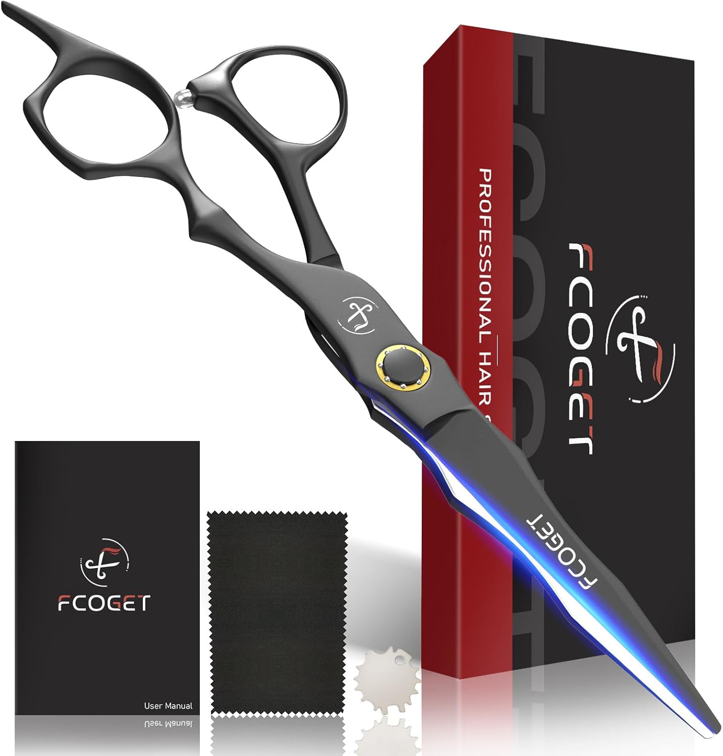 Fcoget professional barber hair cutting scissors front view with premium black finish