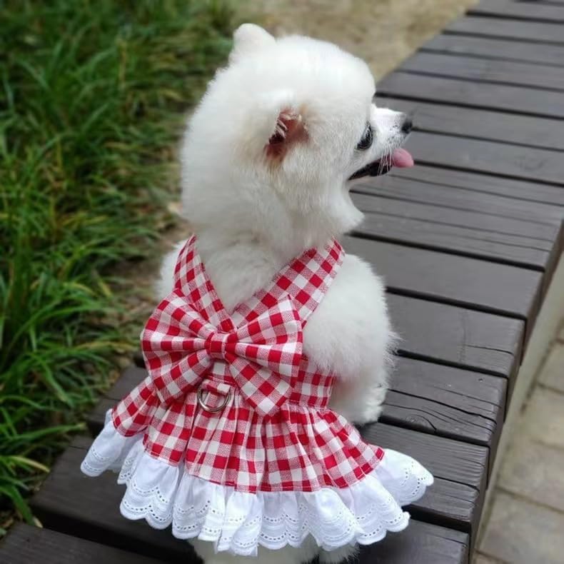 XINGNIAO plaid pet dress harness front view on a small white dog