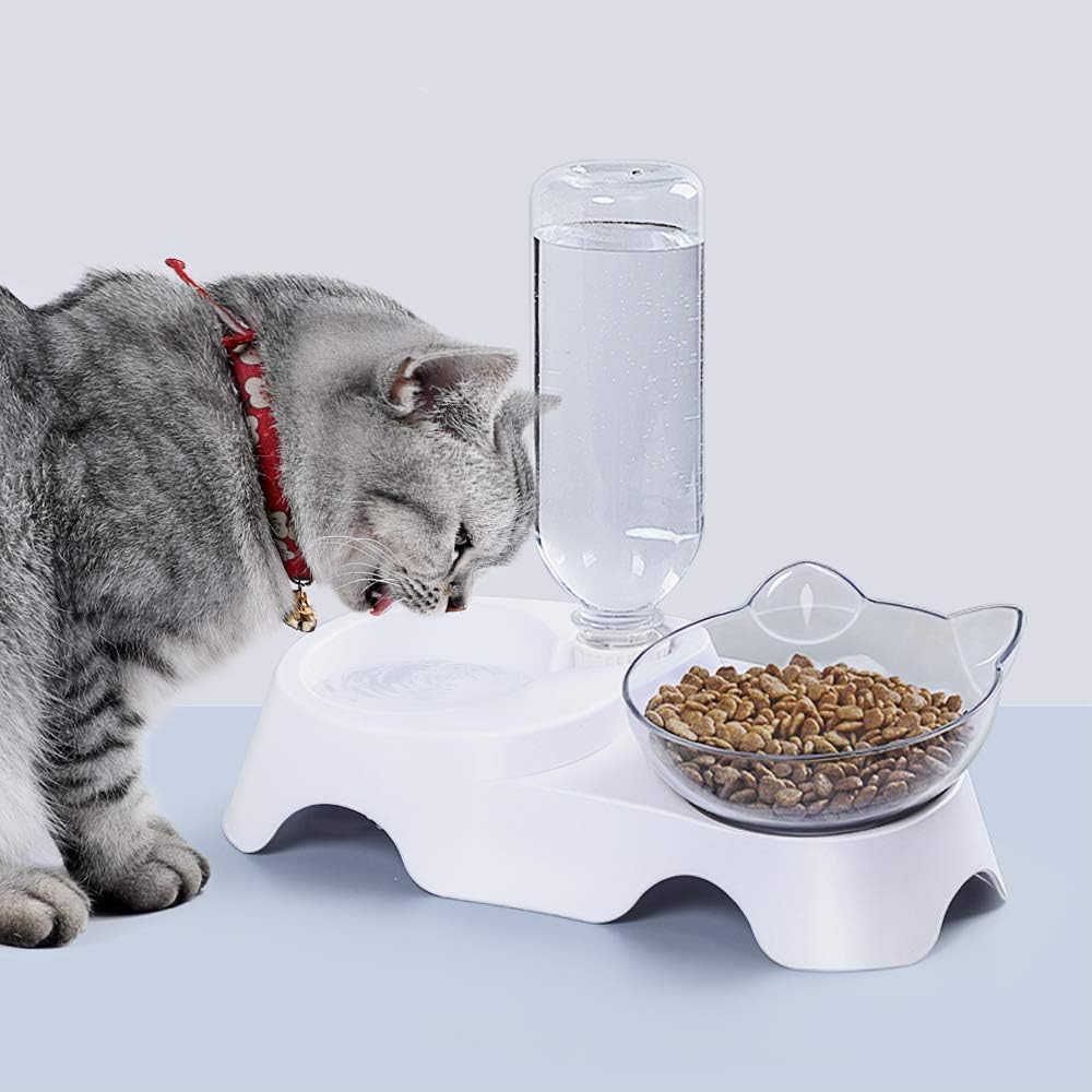 MILIFUN double pet bowl showing the specific measurements of the water bottle and food dish