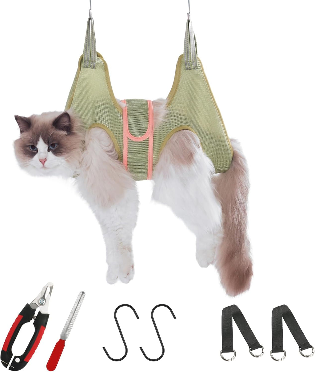 Demonstration of the Guzekier safety belt buckle securing a pet safely inside the grooming restraint sling.