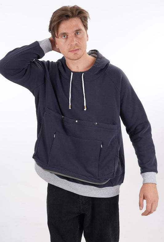 Unisex fleece pet holder sweatshirt with an animal resting inside the comfortable front pouch.