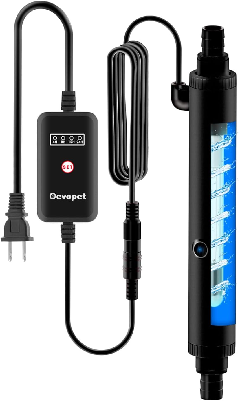 Devopet aquarium UV light sterilizer front view showing the shielded housing and control timer module