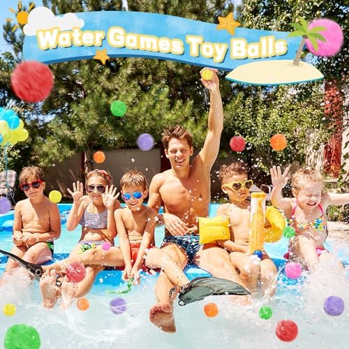 One hundred pieces of colorful outdoor water game toys neatly organized inside the included black mesh storage bag.