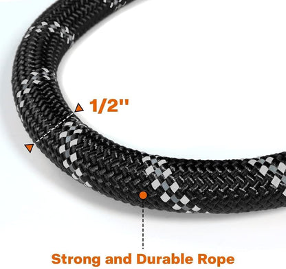 Detailed view of the highly reflective threads woven into the black pet lead for night safety.