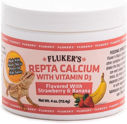 Flukers Strawberry Banana Flavored Repta Calcium front view packaging for reptile bone health.