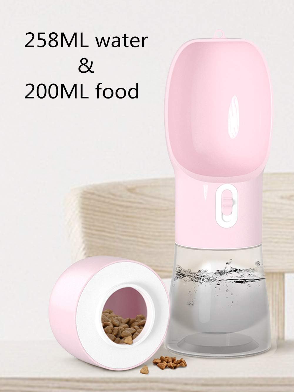 Two in one dog walking bottle with separate dry food container compartment