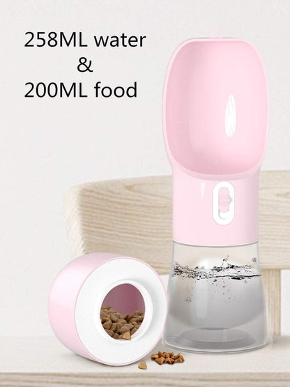 Two in one dog walking bottle with separate dry food container compartment