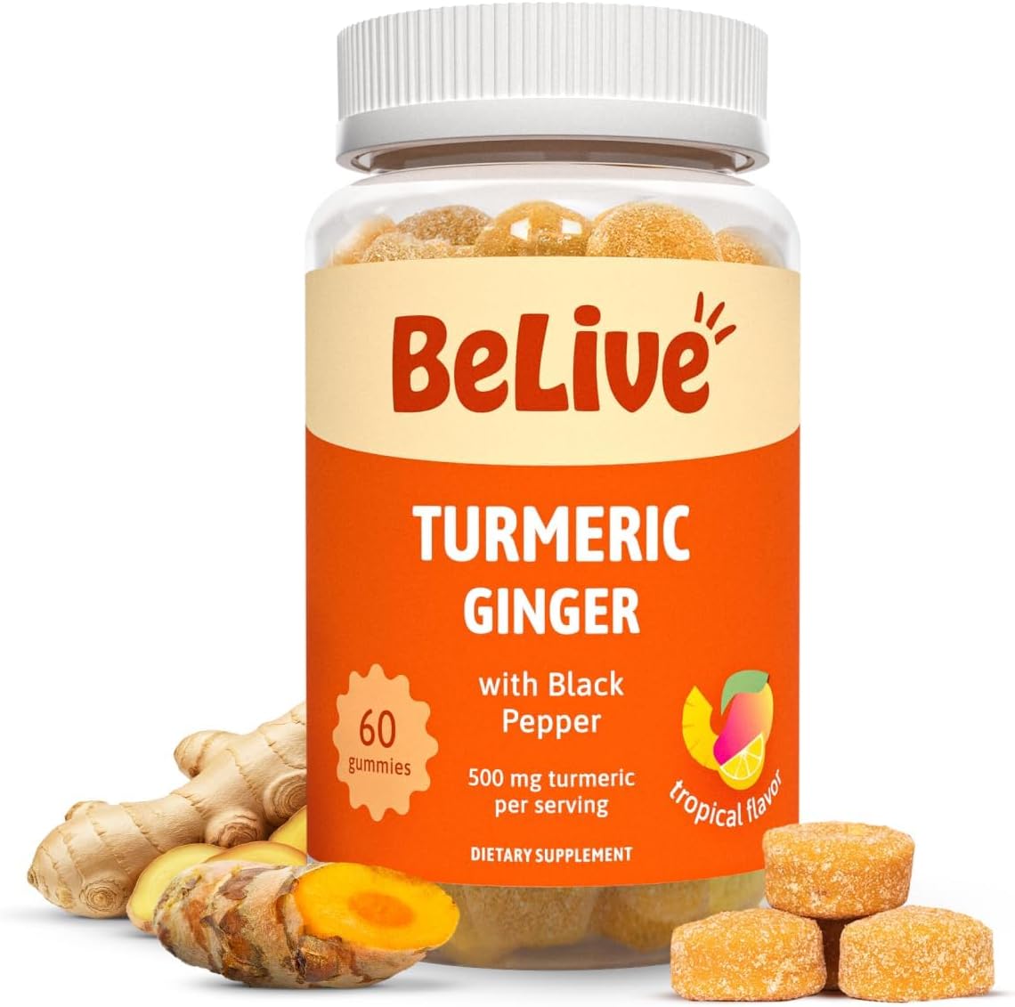 BeLive Turmeric Curcumin with Black Pepper and Ginger Gummies front bottle view for joint support