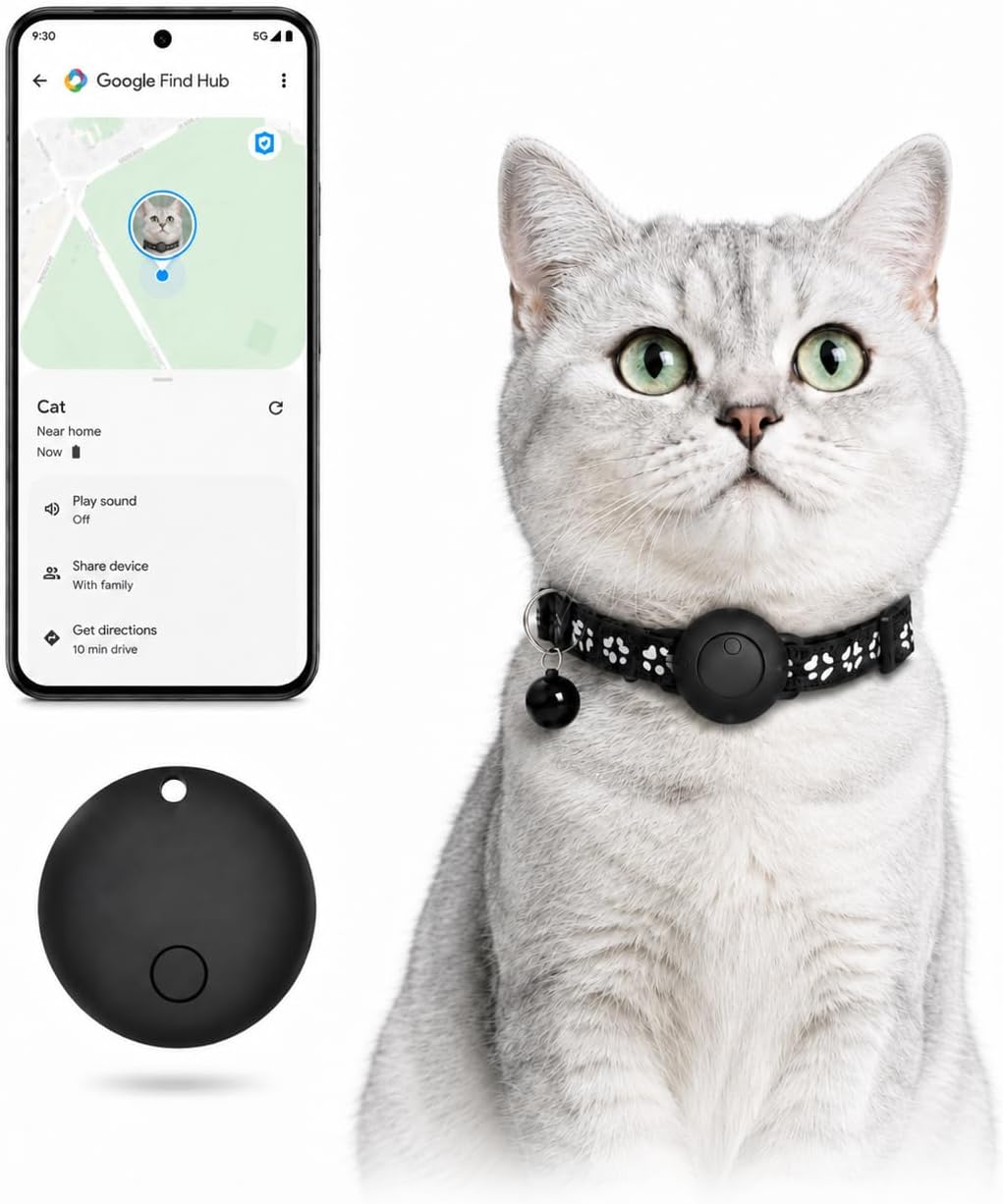MDTZULIK Pet Tracker GPS Collar for Cats front view showing waterproof black smart tag attached to the nylon collar.