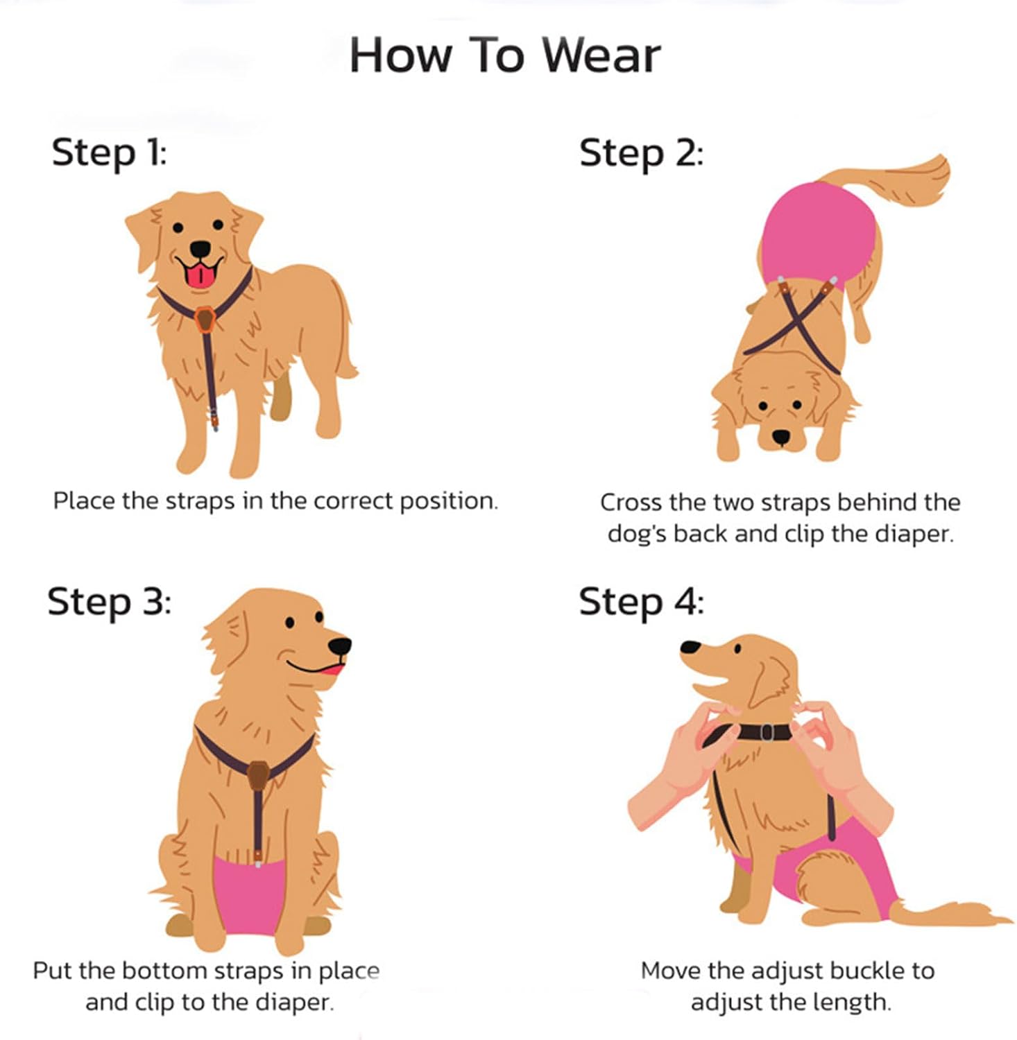 Adjustable canine harness diaper keeper clips on a flat lay background.