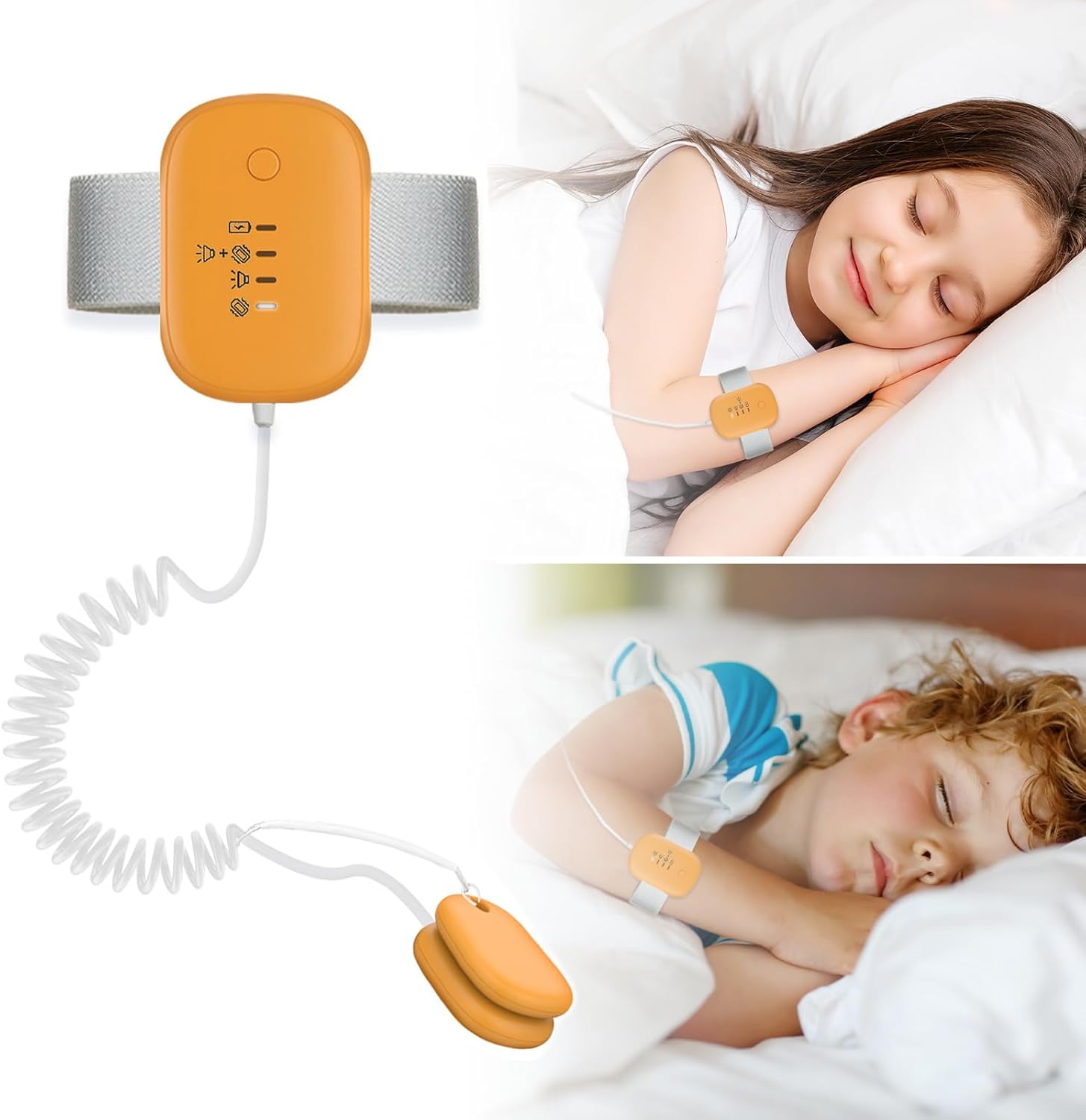 Yiisin Bedwetting Alarm orange front view wearable moisture sensor.
