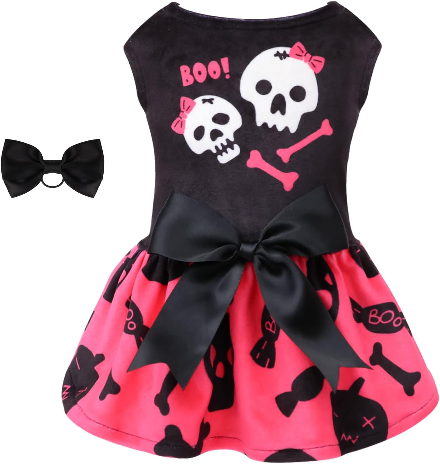 CuteBone Halloween Skulls Dog Dress velvet front view pink puppy outfit