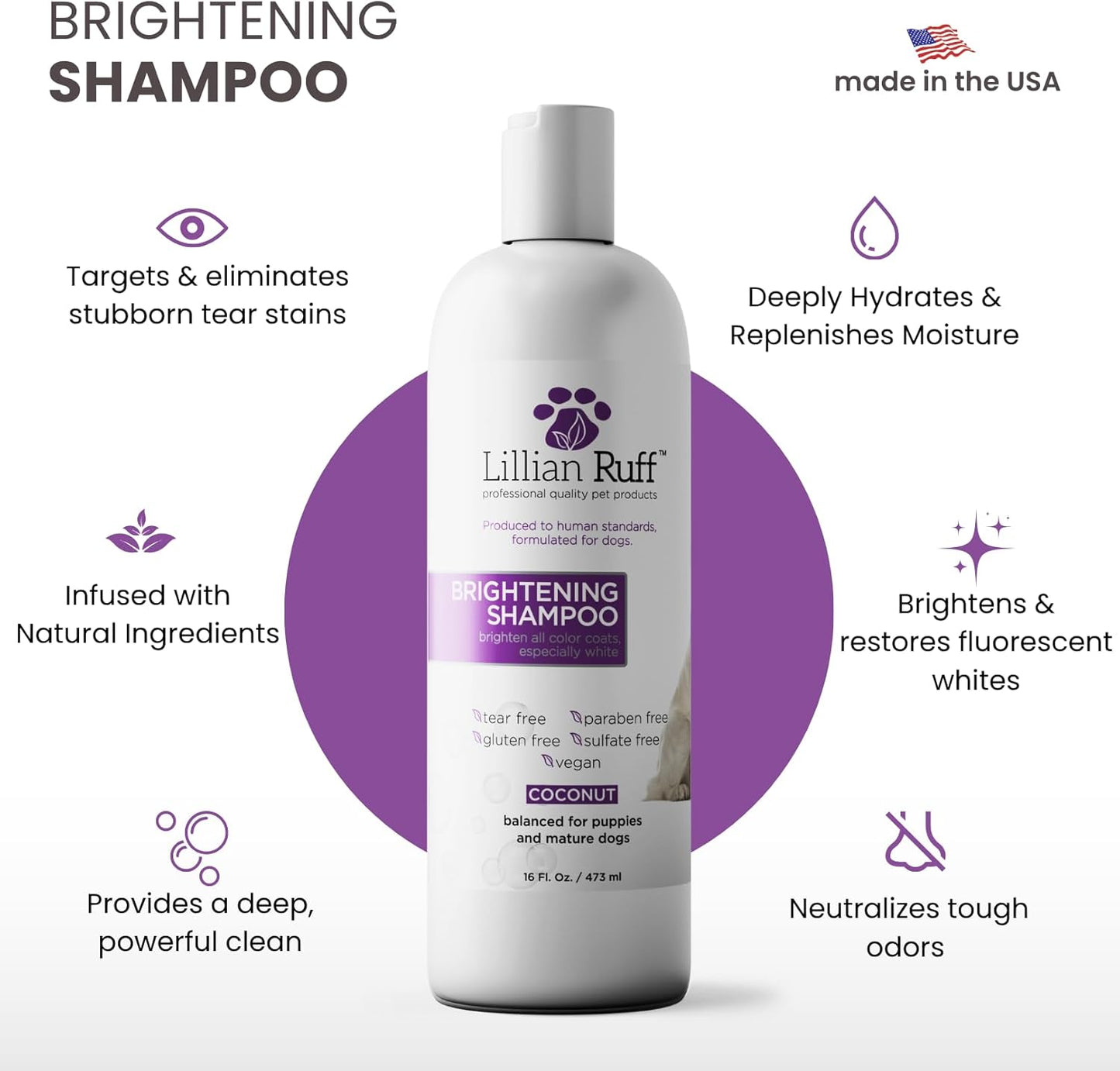 Lillian Ruff dog shampoo bottle with coconut and aloe label details
