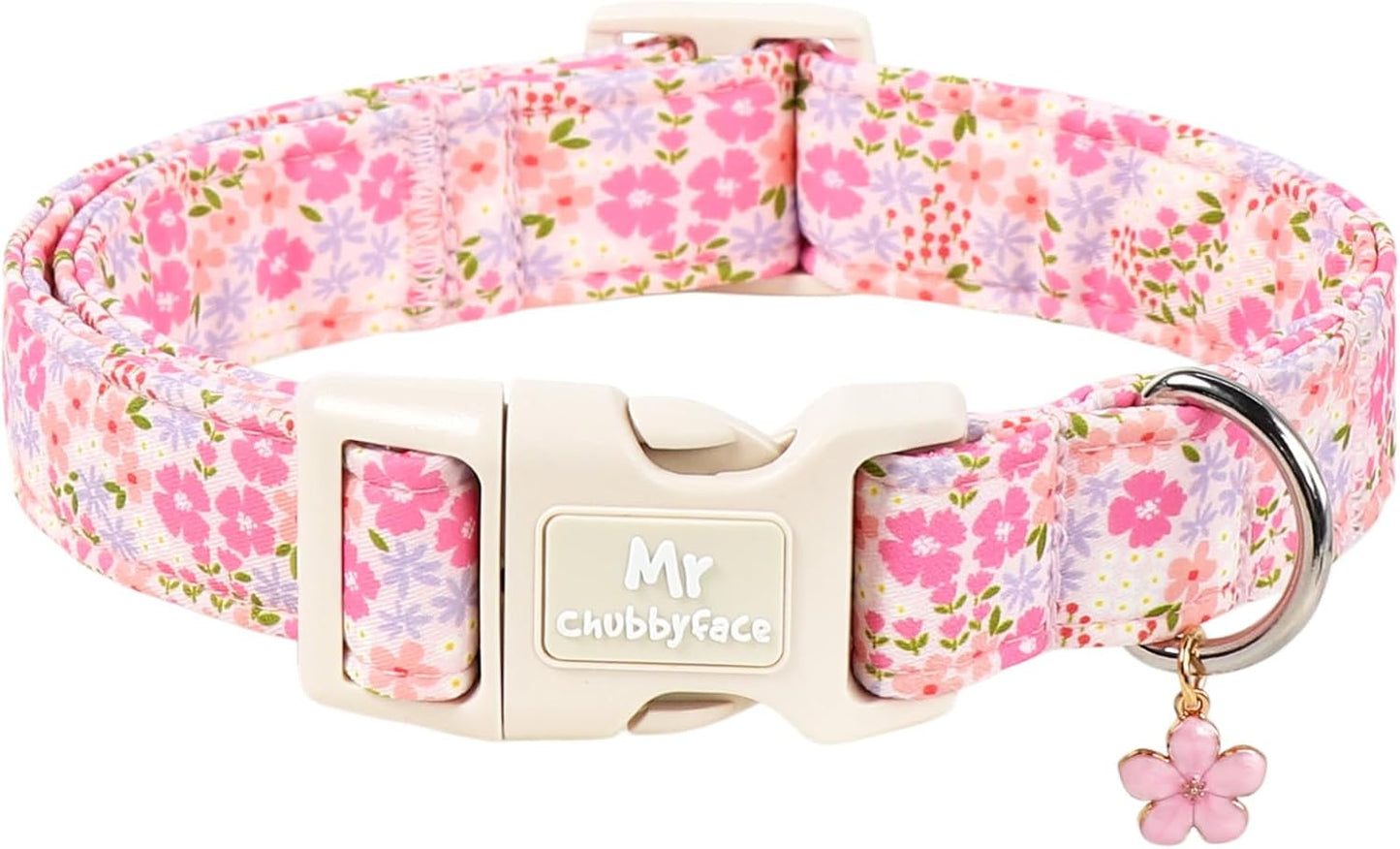 Mr. Chubbyface pink floral dog collar front view