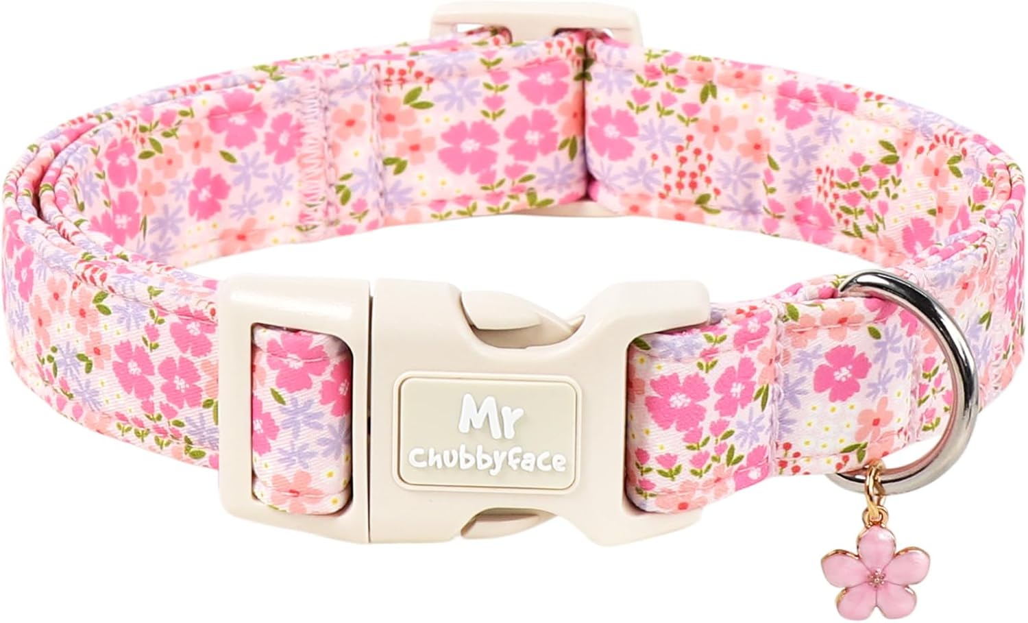 Mr. Chubbyface pink floral dog collar front view