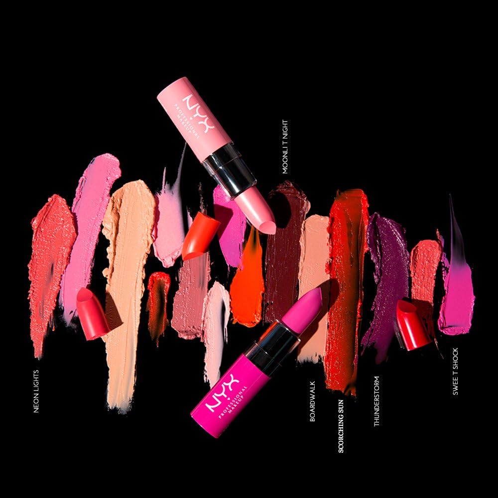 Highly pigmented coral orange NYX makeup lipstick bullet angle shot