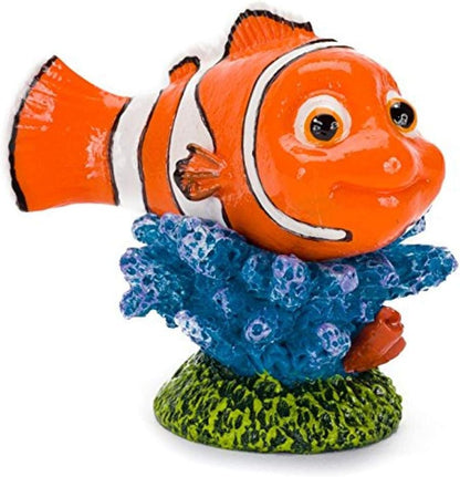 Penn-Plax Finding Nemo on Coral Mini Aquarium Ornament front view showing detailed clownfish on blue coral base.
