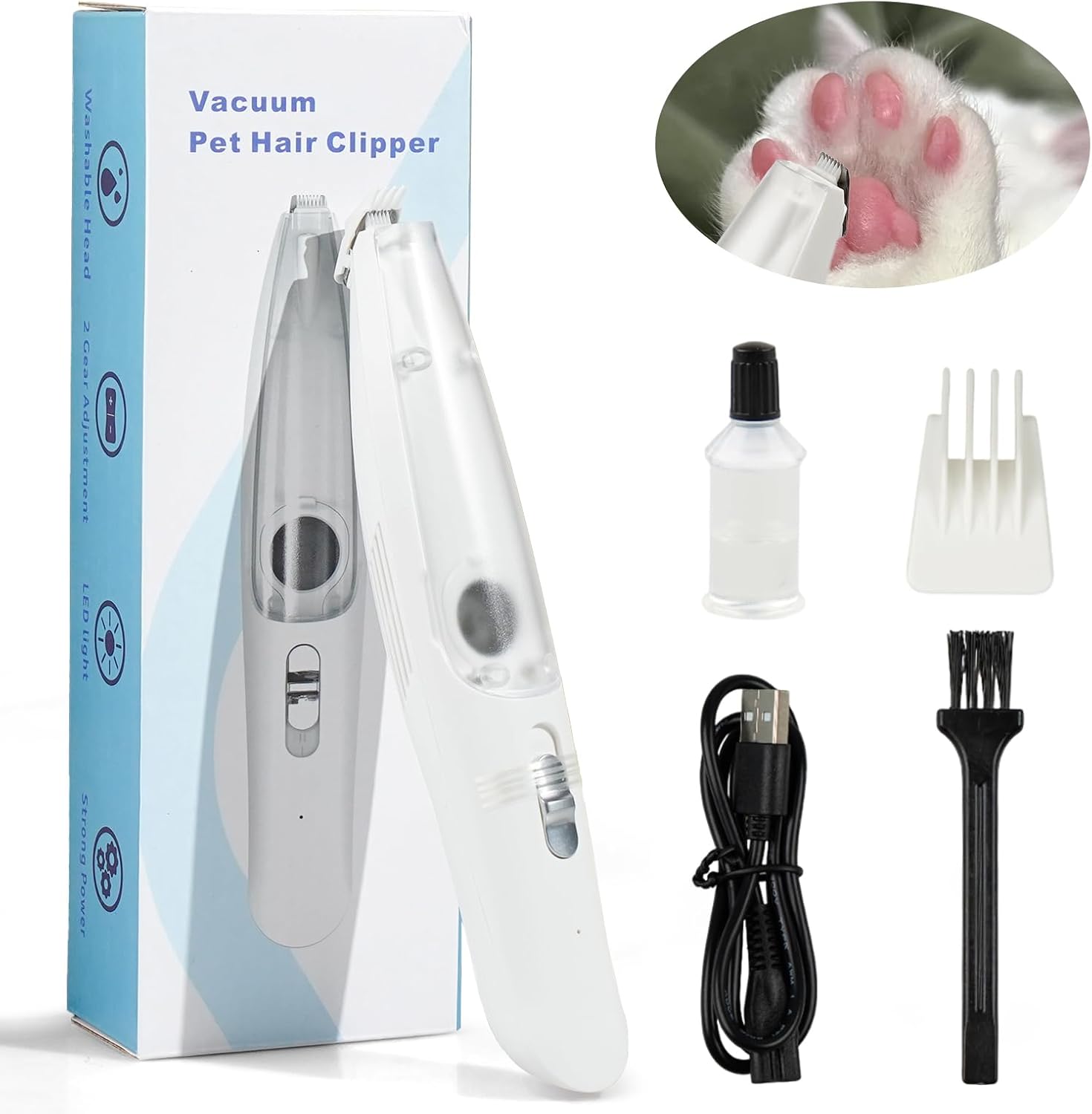 Coileswet dog paw trimmer with vacuum front view showing white ergonomic body
